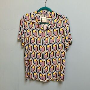 Men’s Denim & Flower Graphic Print Shirt L